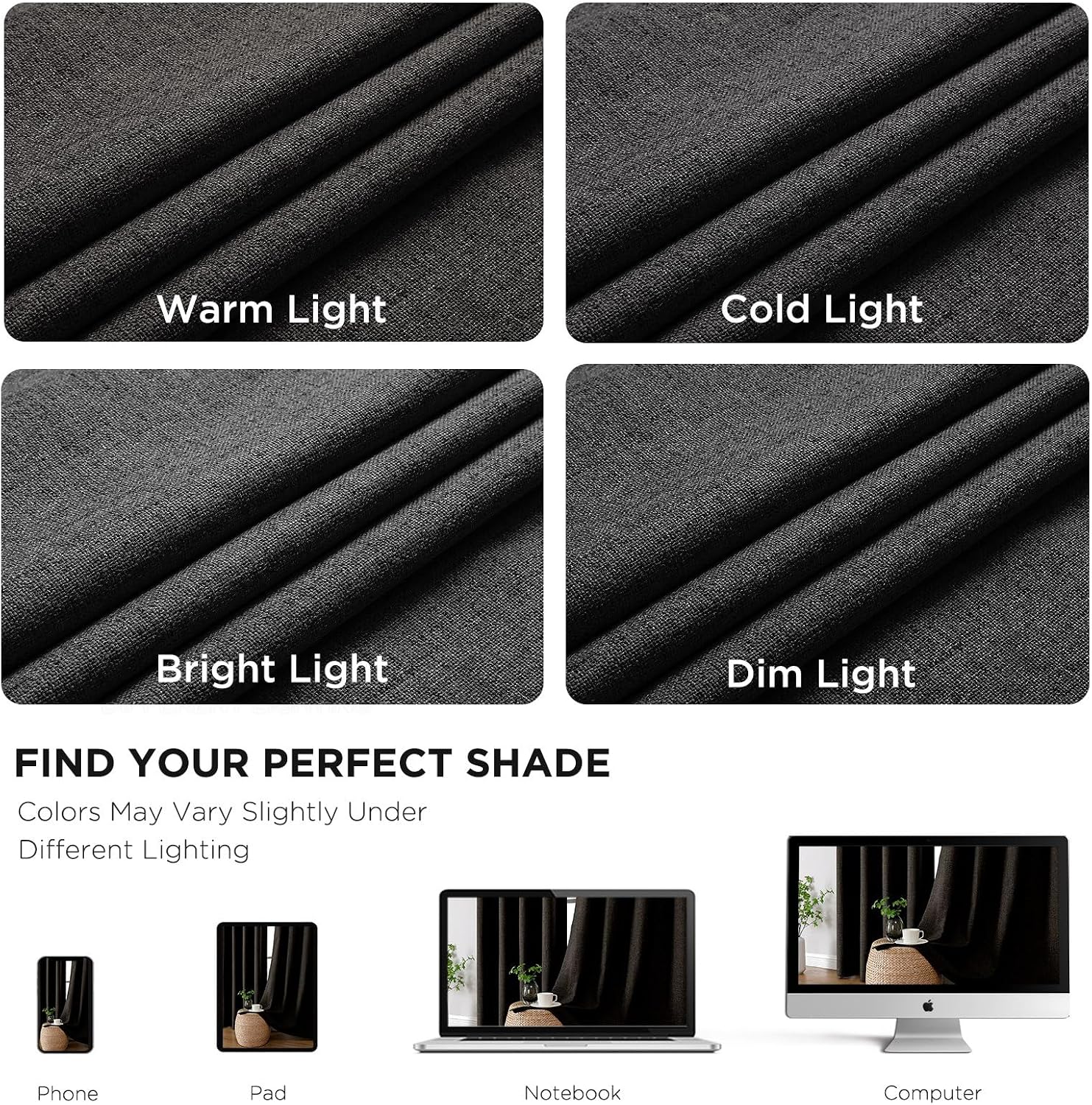 Black Linen Textured Blackout Curtains 2 Pack