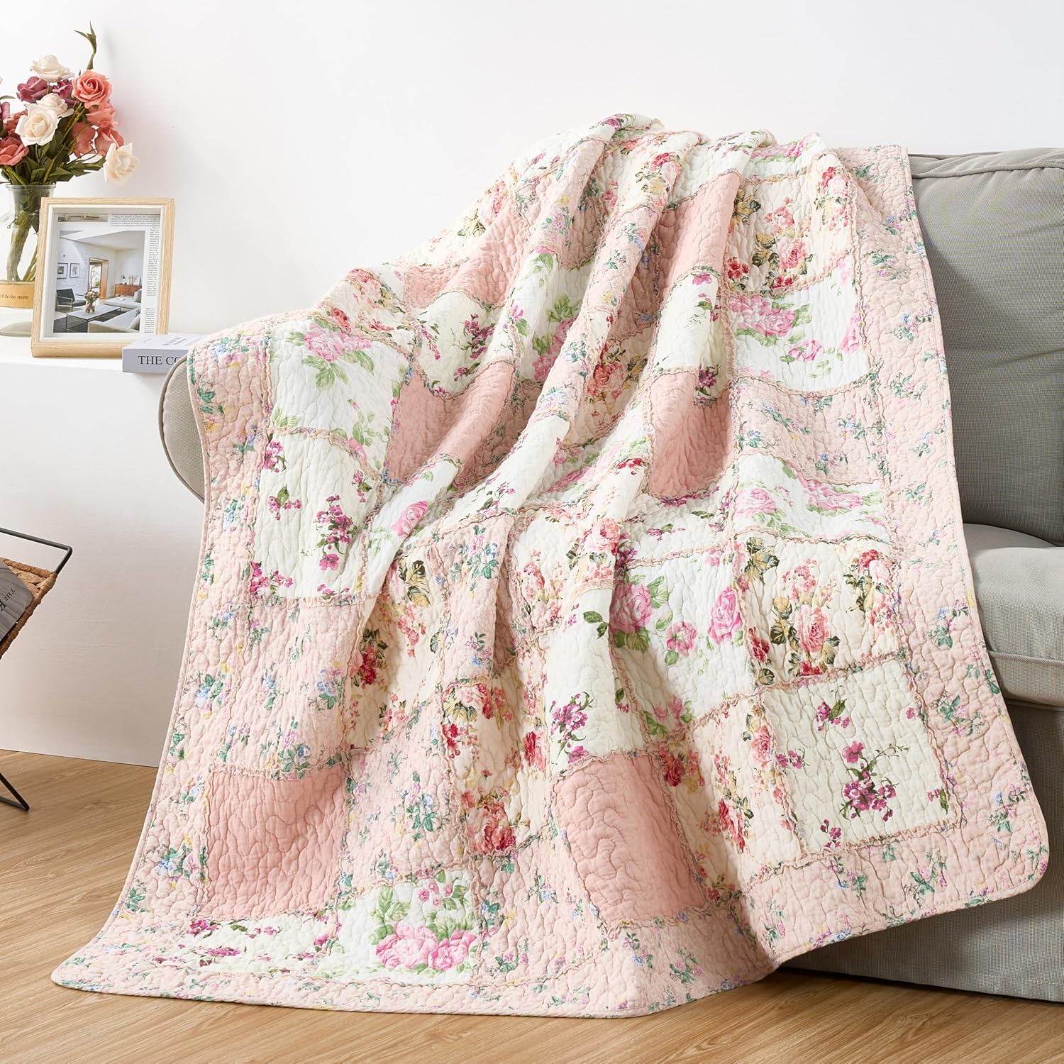 Pink Floral Ruffle Cotton Throw Blanket