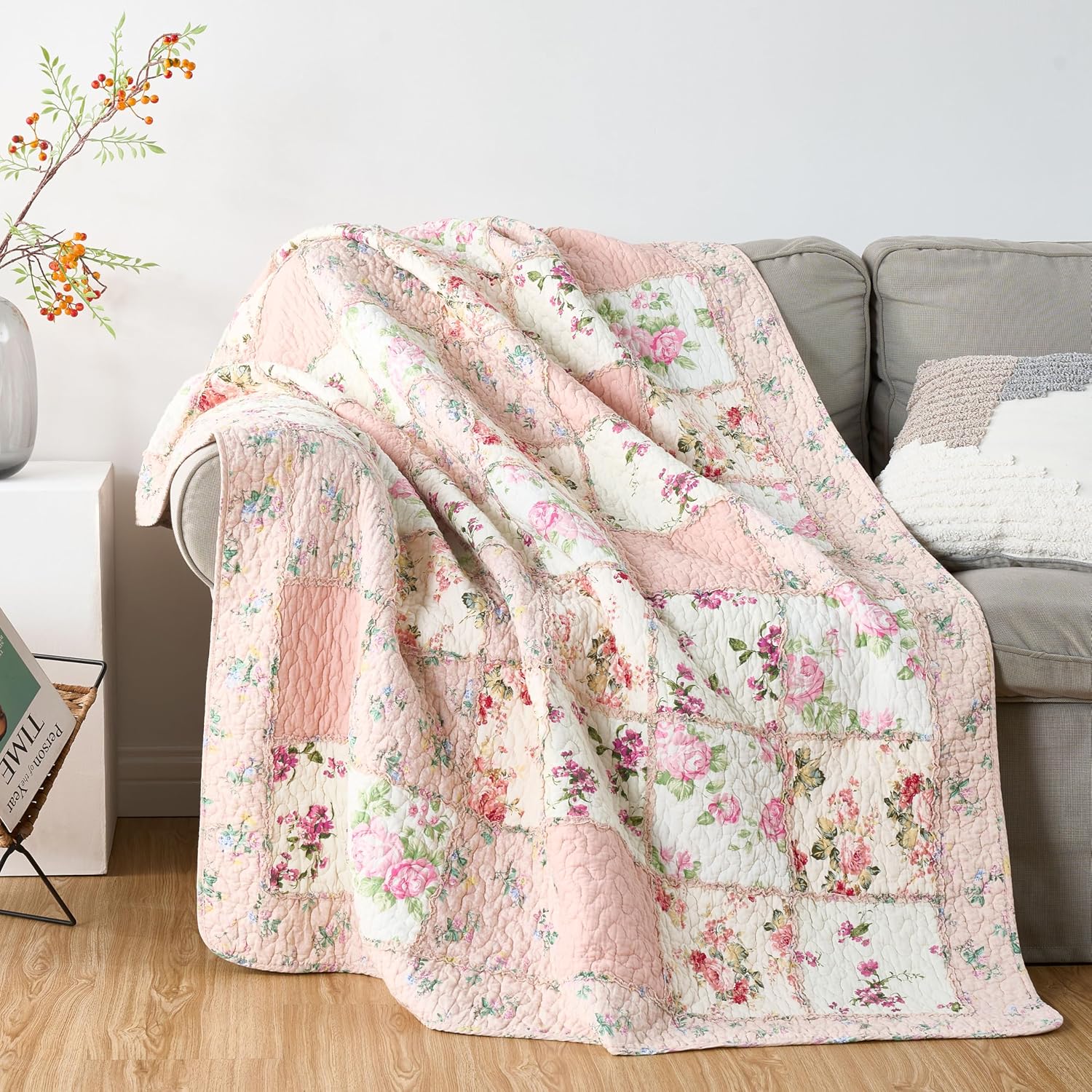 Pink Floral Ruffle Cotton Throw Blanket