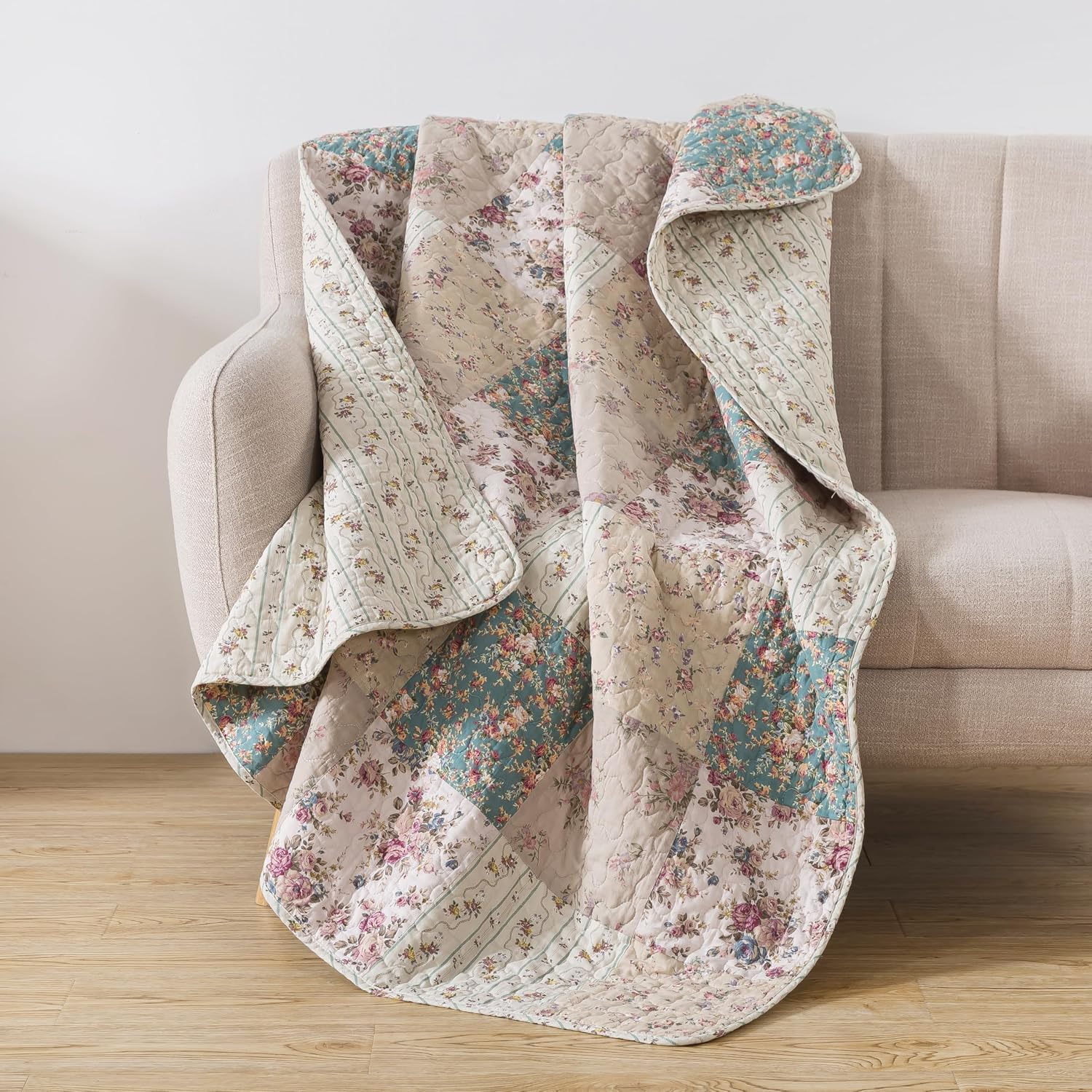 Taupe Rose Floral Cotton Throw Blanket