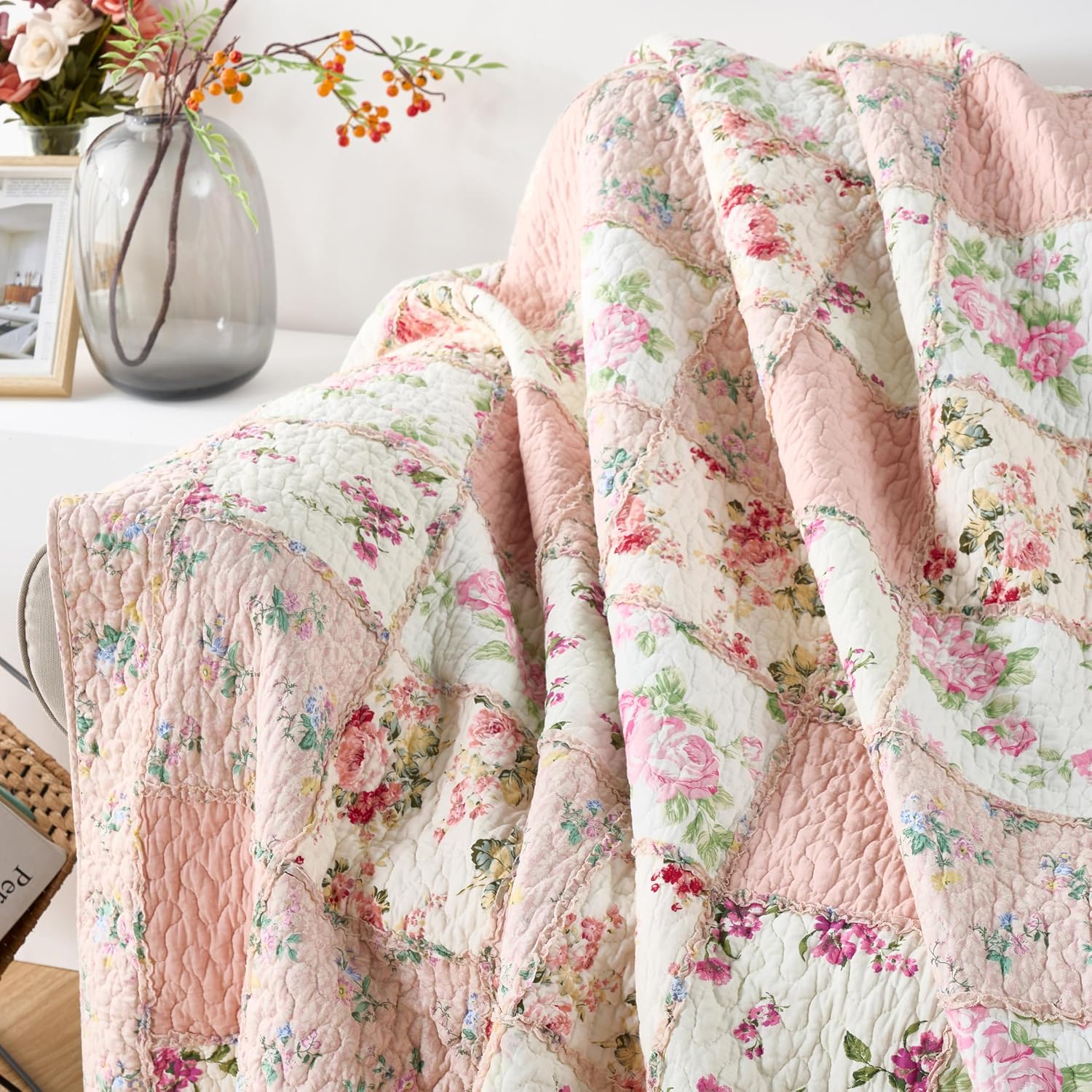Pink Floral Ruffle Cotton Throw Blanket