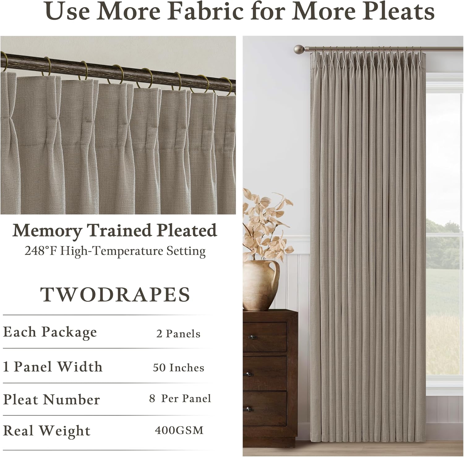 Taupe Flax Linen Pinch Pleat Curtains 2 Pack
