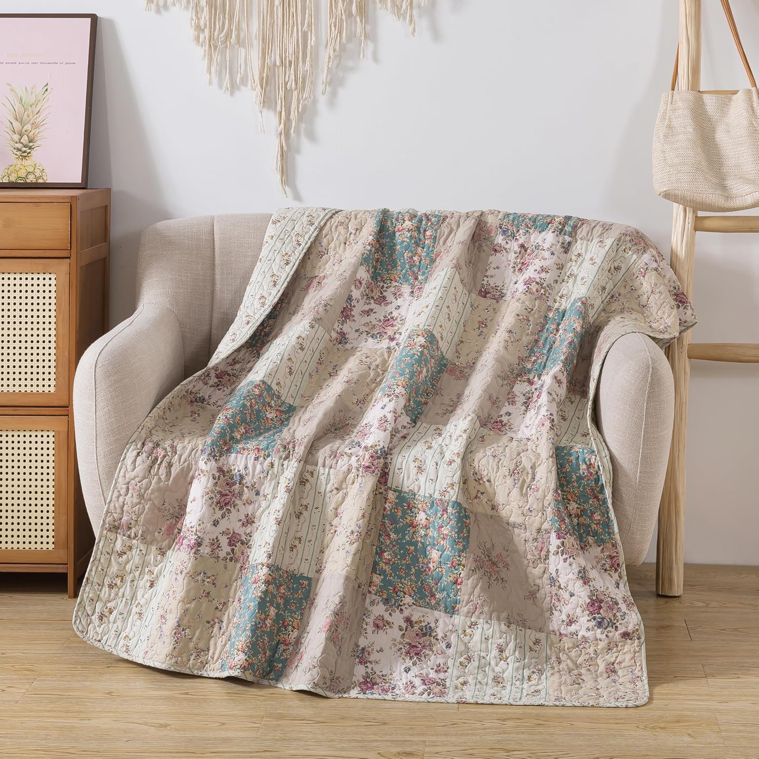 Taupe Rose Floral Cotton Throw Blanket