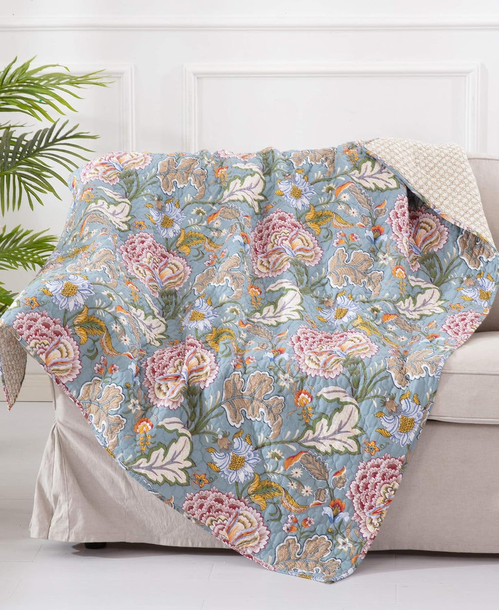 Blue Grey Coral Reversible Floral Throw Blanket