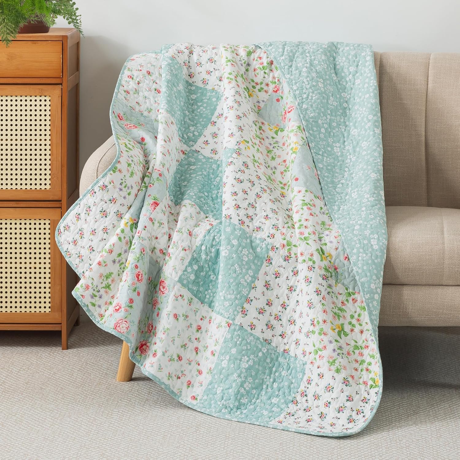 Blue Floral Patchwork Cotton Throw Blanket