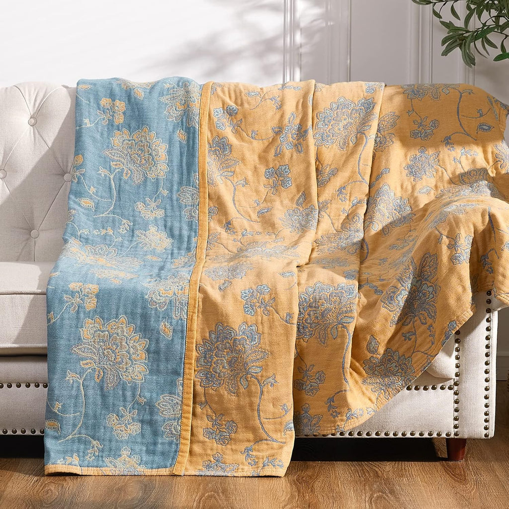 Yellow Blue Floral Muslin Throw Blanket Twin