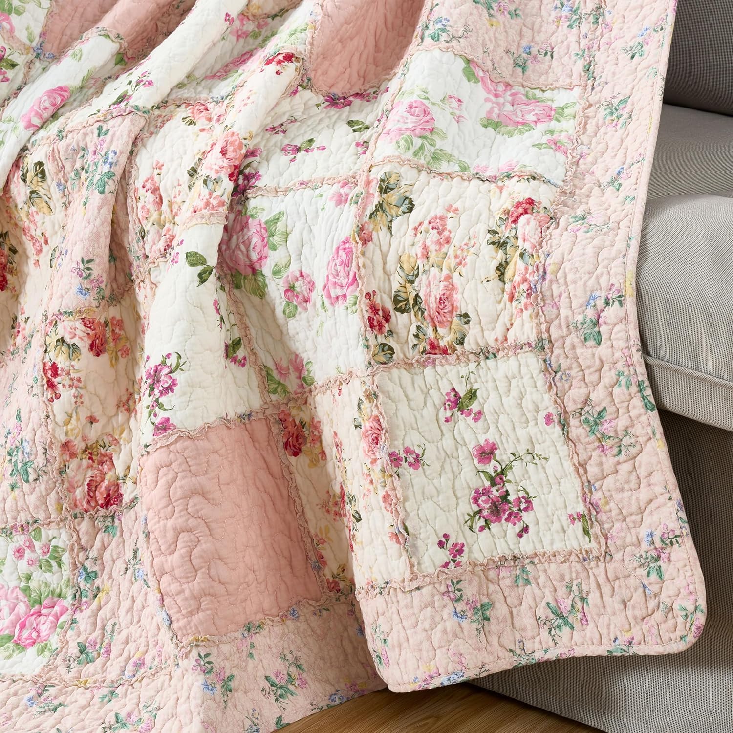 Pink Floral Ruffle Cotton Throw Blanket