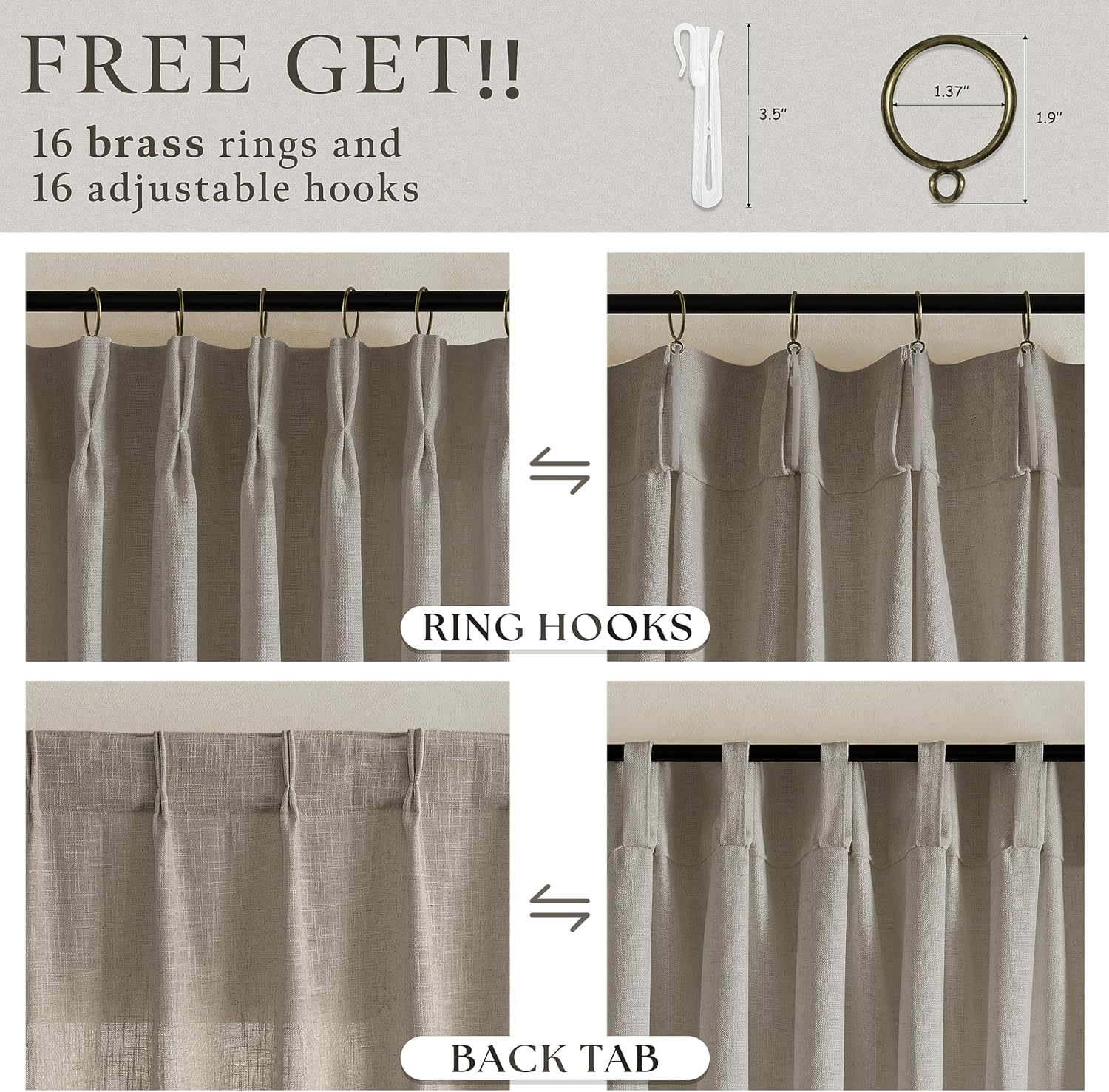 Taupe Flax Linen Pinch Pleat Curtains 2 Pack