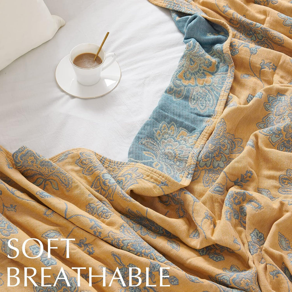 Yellow Blue Floral Muslin Throw Blanket Twin