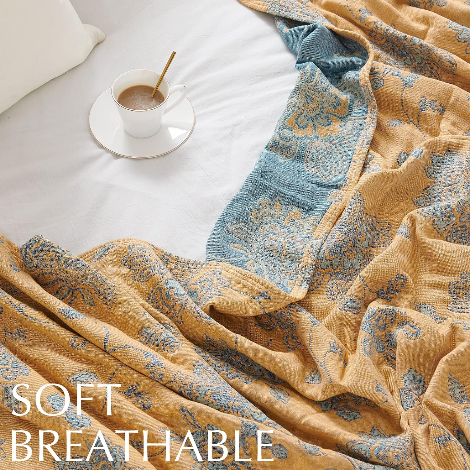 Yellow Blue Floral Muslin Throw Blanket Twin